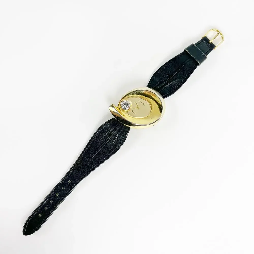 Vintage Renee Nicol quartz watch gold rhinestone diamond and black band working